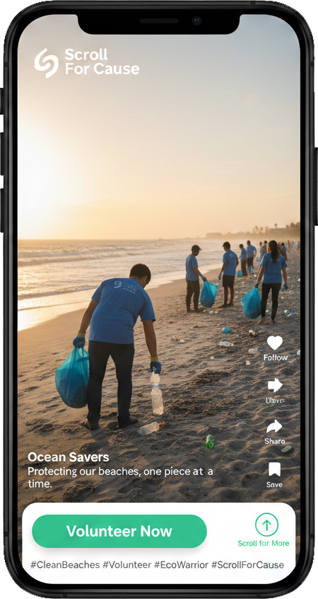 ScrollForCause app showing a volunteer opportunity with a beach cleanup video